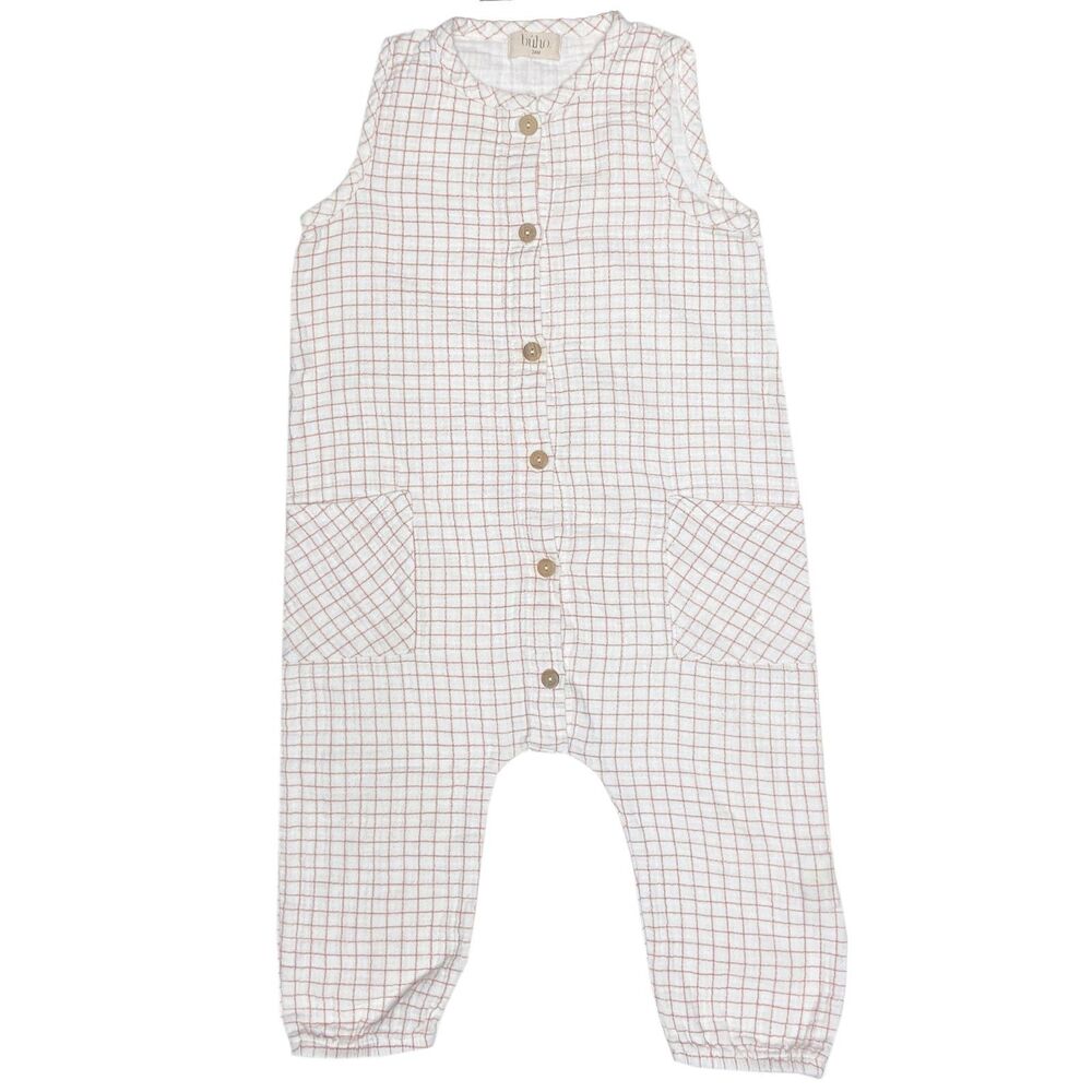 Buho Baby Organic Cotton Sleeveless Jumpsuit 24 Months White Brown Check Gauze
